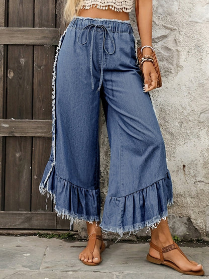 Cropped Wide Leg Drawstring Fringed Ruffled Solid Color Jean Pants Bottoms