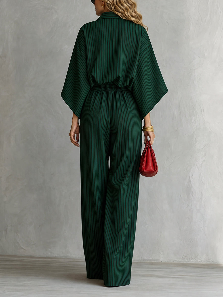 Striped Frog Button Contrast Color Three-quarter Sleeves Batwing Sleeves Stand Collar Blouses&shirts Tops