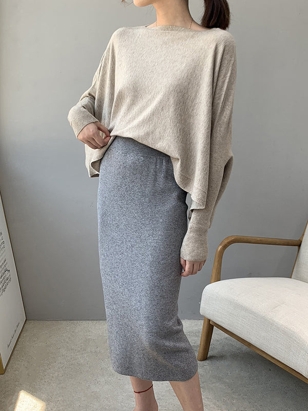 Batwing Sleeves High-Low Solid Color Boat Neck Knitwear Pullovers Sweater