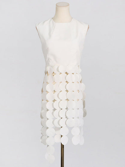 Sleeveless Polka-Dot Solid Color Split-Joint Tasseled Round-Neck Vest Top