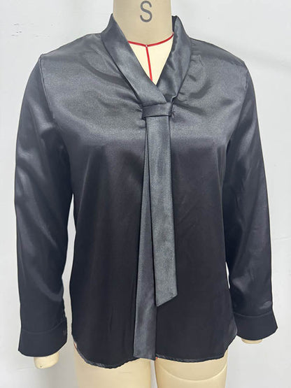 Long Sleeves Loose Solid Color Split-Joint Streamer Scarf Collar Blouses&Shirts Tops