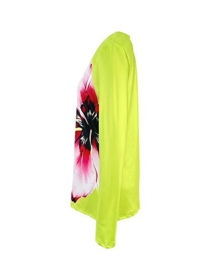 Long Sleeves Contrast Color Flower Print Split-Joint Round-Neck T-Shirts Tops