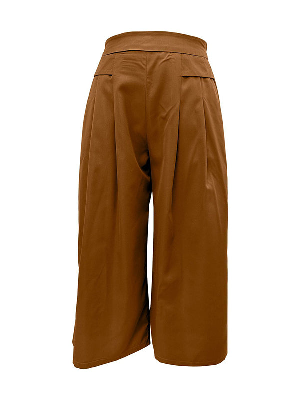 Flared Pants High Waisted Pleated Pockets Solid Color Split-Joint Ninth Pants Trousers