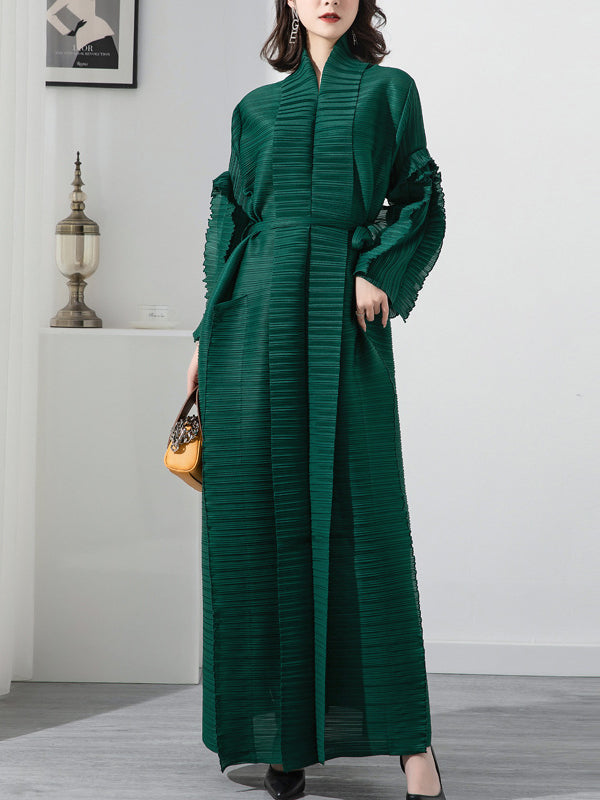 Casual Long Sleeves Loose Tied Pleated Stand Collar Midi Dresses