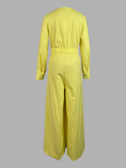 High Waisted Long Sleeves Buttoned Pockets Solid Color V-Neck Jumpsuits