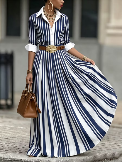 A-Line Loose Buttoned Contrast Color No Belt Striped Lapel Maxi Dresses