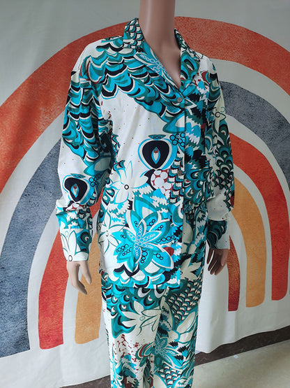 Flower Print Long Sleeves Buttoned Notched Collar Shirts Top + High Waisted Pants Bottom Two Pieces Set
