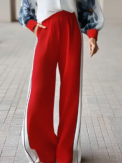 High Waisted Loose Contrast Color Pleated Pockets Split-Joint Striped Pants Trousers