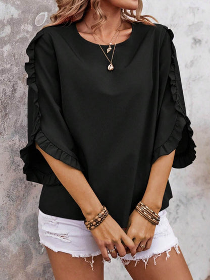 Batwing Sleeves Long Sleeves Ruffled Solid Color Split-Joint Round-Neck Blouses&Shirts Tops