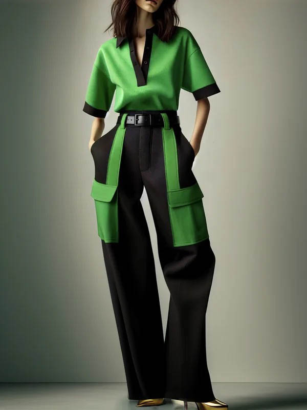 Half Sleeves Loose Contrast Color Lapel Blouses&Shirts Tops