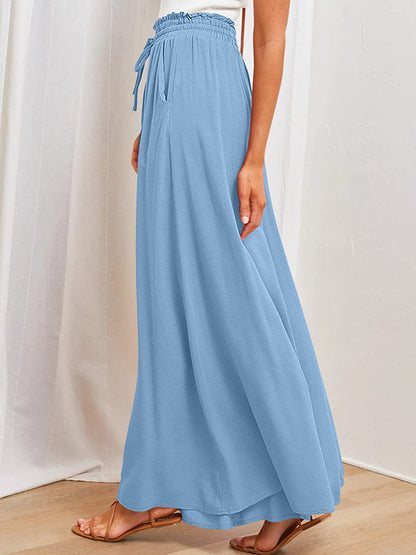 High Waisted Loose Drawstring Elasticity Pleated Pockets Solid Color Pants Trousers