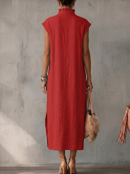 Loose Sleeveless Pockets Ruffle Trim Solid Color Split-Side Stand Collar Midi Dresses