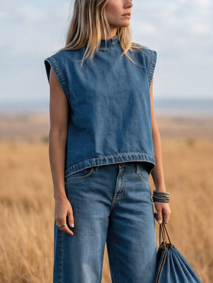 High Waisted Loose Pockets Solid Color Mock Neck Suits Vest Top + Pants Bottom Two Pieces Set