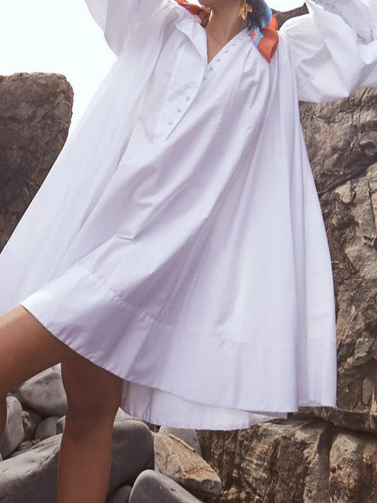 Long Sleeves Loose Buttoned Solid Color Stand Collar Mini Dresses Shirt Dress