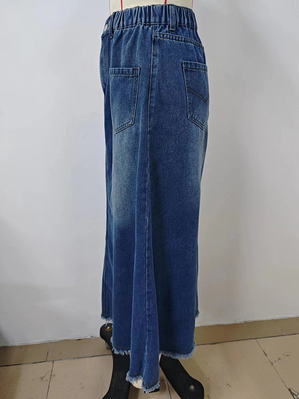 A-Line Loose Buttoned Elasticity Fringed Pockets Split-Joint Skirts Bottoms