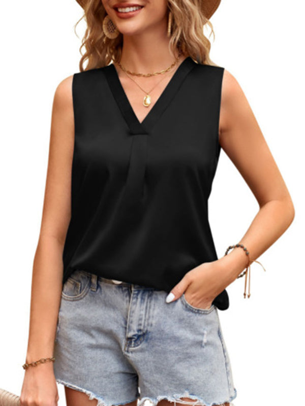 Loose Sleeveless Pleated Solid Color Split-Joint V-Neck Vest Top