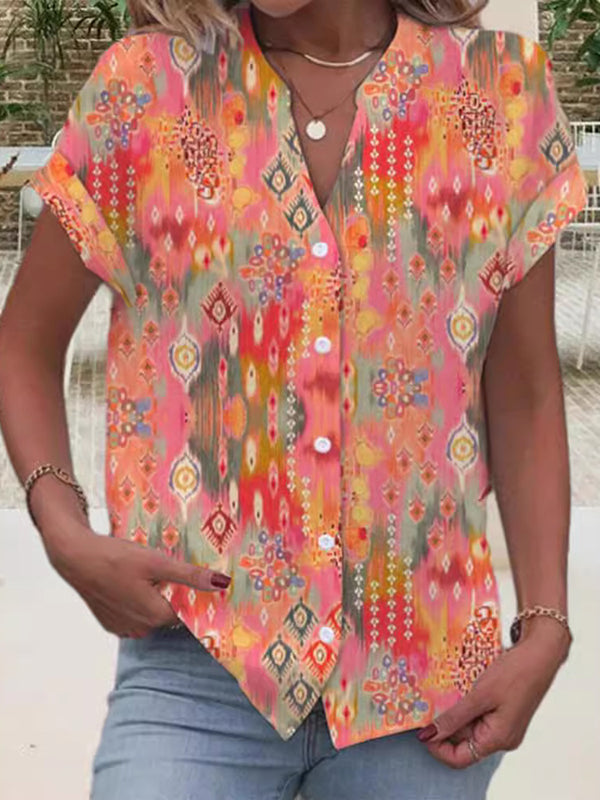 Loose Short Sleeves Buttoned Printed V-Neck Blouses&Shirts Tops