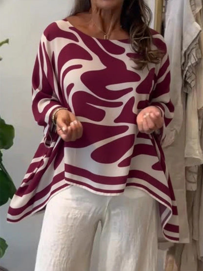 High-Low Irregularity Contrast Color Printed Round-Neck Blouses&Shirts Tops