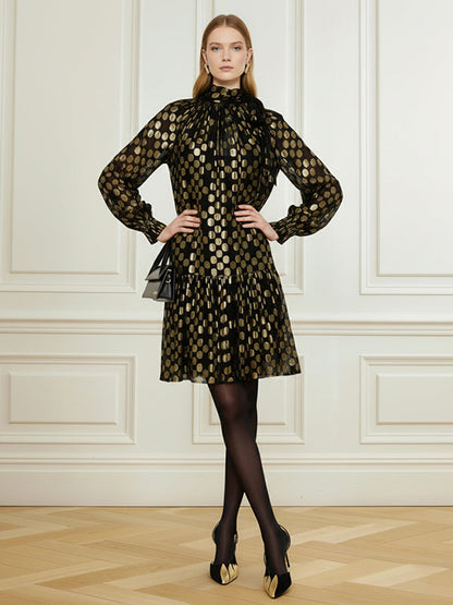 Long Sleeves Puff Sleeves Pleated Polka Dot Shiny Split-Joint High Neck Mini Dresses