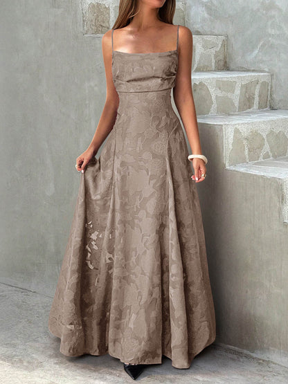 A-Line High Waisted Jacquard Pleated Solid Color Spaghetti-Neck Maxi Dresses