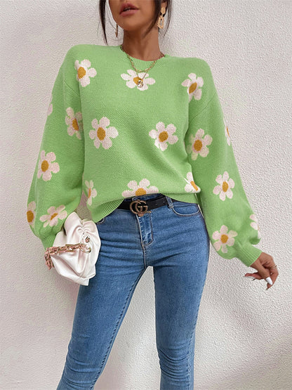Long Sleeves Loose Contrast Color Floral Printed Split-Joint Round-Neck Sweater Tops