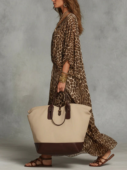 High Waisted Long Sleeves Knot Leopard V-Neck Maxi Dresses
