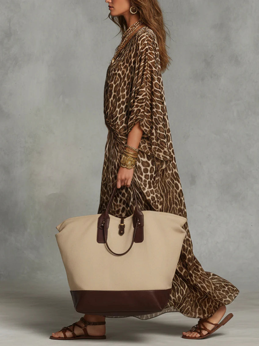 High Waisted Long Sleeves Knot Leopard V-Neck Maxi Dresses
