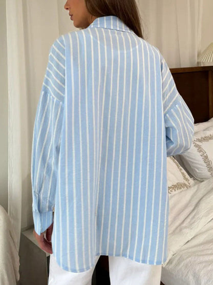 Long Sleeves Loose Buttoned Contrast Color Split-Joint Striped Lapel Blouses&Shirts Tops