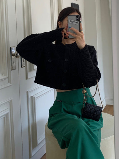 Long Sleeves Buttoned Pockets Solid Color Round-Neck Cardigan Tops