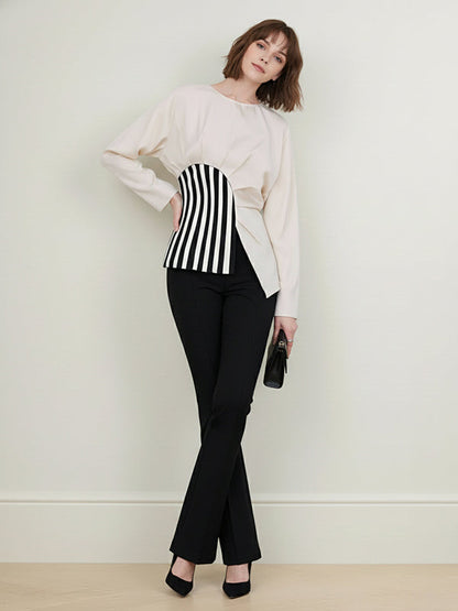 Irregularity Long Sleeves Asymmetric Pleated Split-Joint Striped Zipper Round-Neck Blouses&Shirts Tops