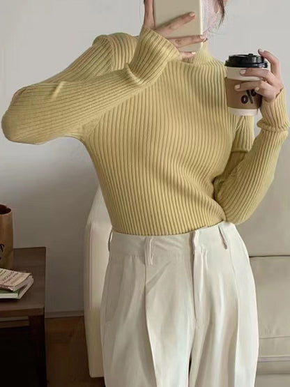 Long Sleeves Skinny Solid Color High-Neck Knitwear Pullovers Sweater Tops