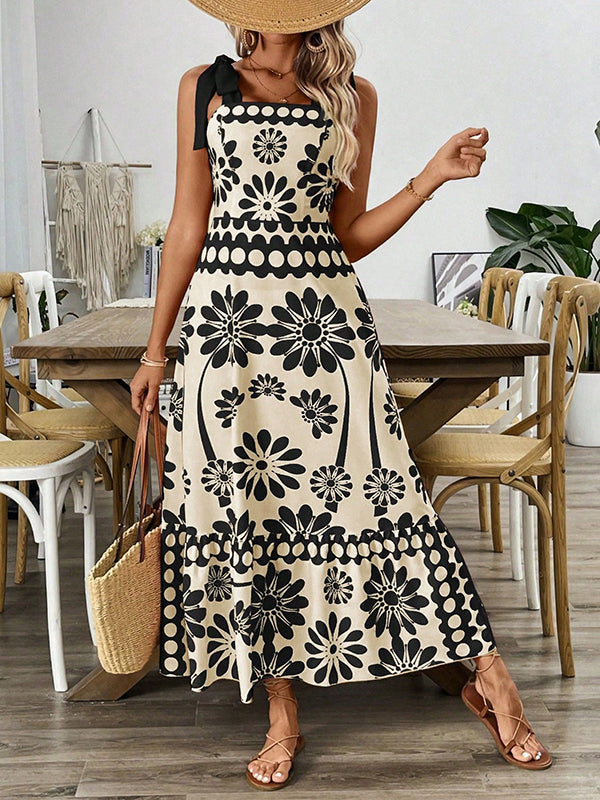 A-Line Loose Elasticity Flower Print Pleated Tied Spaghetti-Neck Midi Dresses