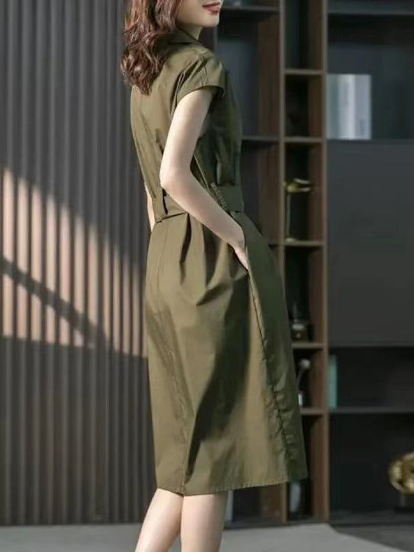 Plus Size Short Sleeves Bandage Solid Color Lapel Midi Dresses