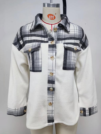 Long Sleeves Loose Buttoned Contrast Color Plaid Pockets Split-Joint Velvet Lapel Outerwear Woolen Coat