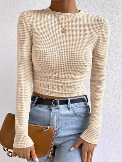 Long Sleeves Skinny Pleated Solid Color Split-Joint Textured Waffle Check Round-Neck T-Shirts Tops