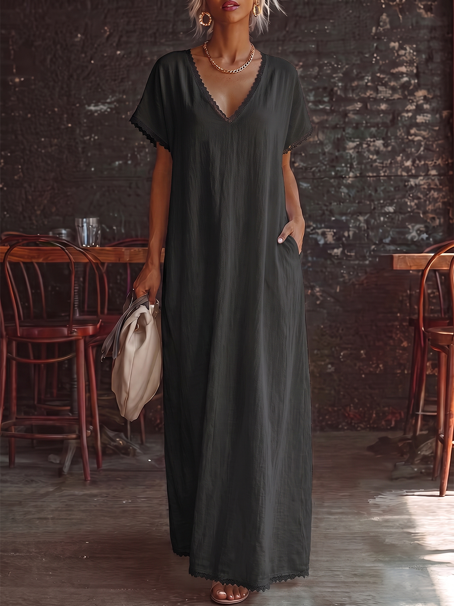 Split-Joint Solid Color Pockets Short Sleeves Plus Size V-neck Midi Dresses