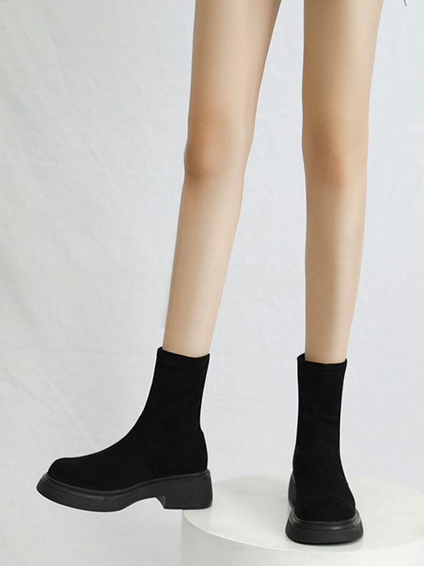 Chunky Shoes Round-Toe Split-Joint Velvet Boots