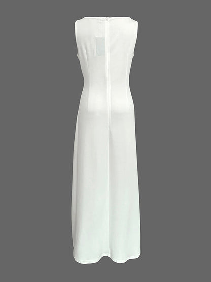 Sleeveless Gauze Pleated Solid Color Split-Joint Round-Neck Evening Dresses Maxi Dresses