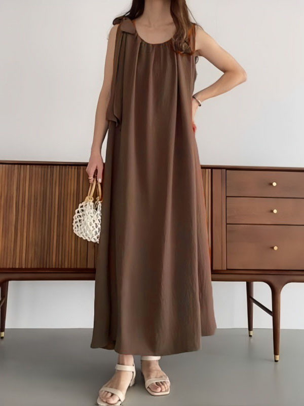High Waisted Loose Pleated Solid Color Tied Round-Neck Maxi Dresses