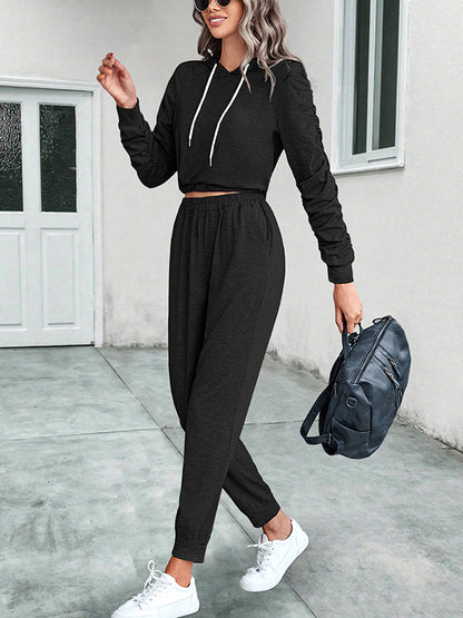 Solid Color Long Sleeves Pleated V-Neck Hoodies Top + Drawstring Elasticity Pants Bottom Two Pieces Set