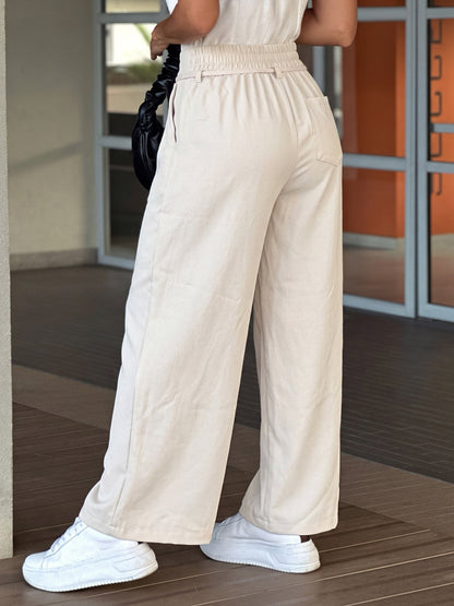 Solid Color Pockets Elasticity Wide Leg Loose Trousers Pants