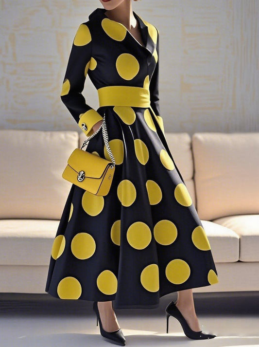 A-Line Sleeveless Polka-Dot Split-Joint Tied Waist Lapel Maxi Dresses Shirt Dress