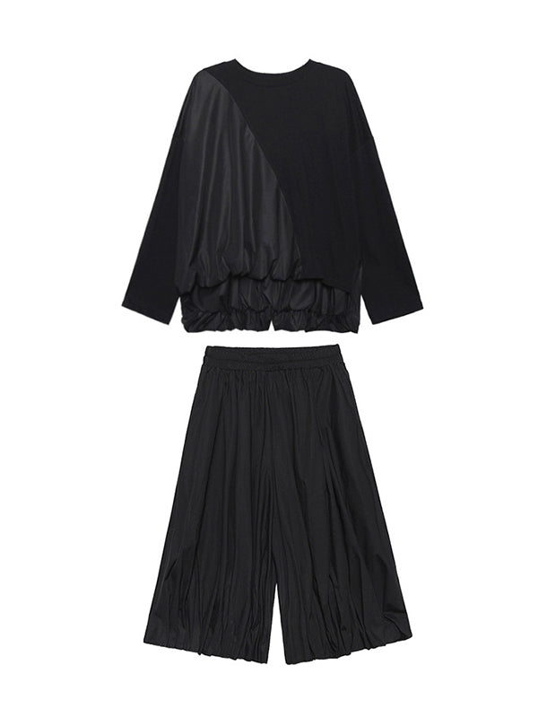 Solid Color Loose Long Sleeves Asymmetric Pleated Split-Joint Round-Neck Shirts Top +  Pants Bottom Two Pieces Set