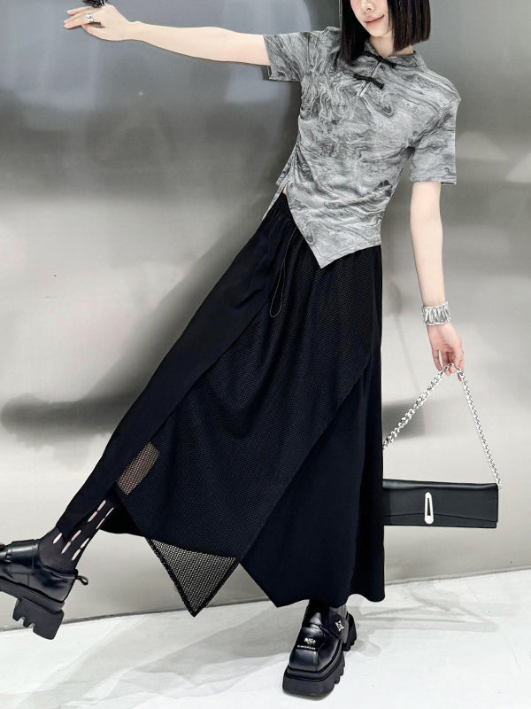 High Waisted Irregularity Asymmetric Drawstring Elasticity See-Through Solid Color Split-Joint Skirts