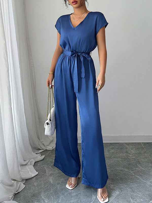 High Waisted Loose Backless Pleated Pockets Solid Color Tied Waist V-Neck Jumpsuits