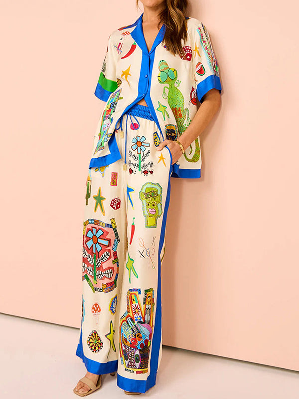 High Waisted Loose Asymmetric Printed Split-Joint Pants Trousers