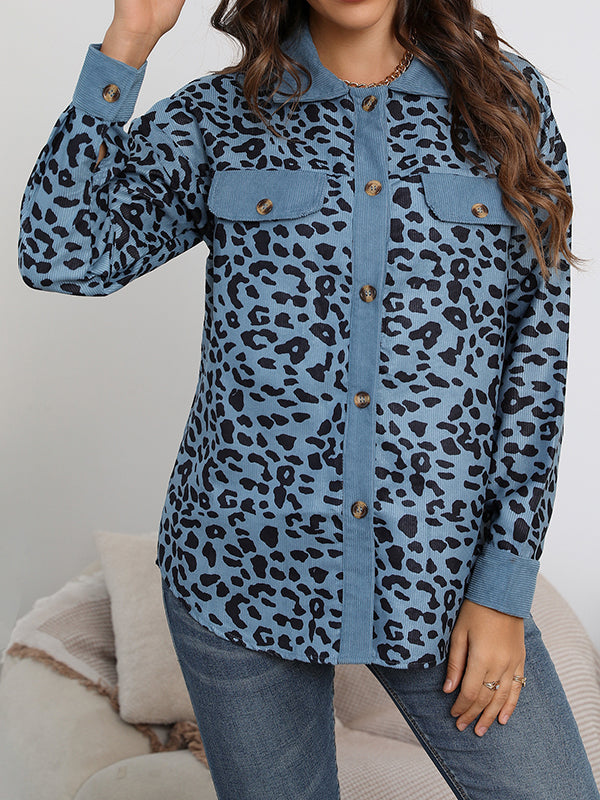 Long Sleeves Loose Buttoned Leopard Pockets Split-Joint Lapel Jackets Outerwear