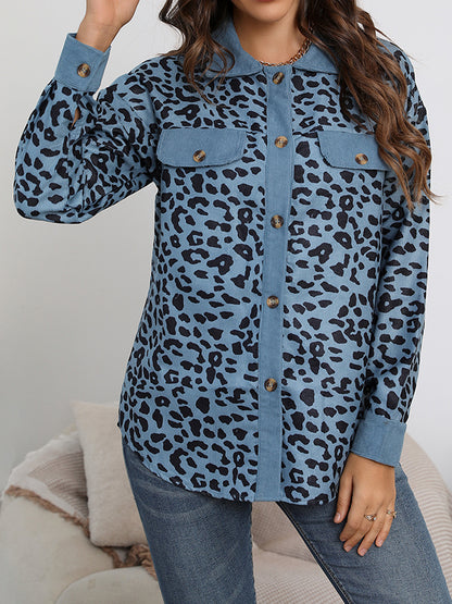 Long Sleeves Loose Buttoned Leopard Pockets Split-Joint Lapel Jackets Outerwear