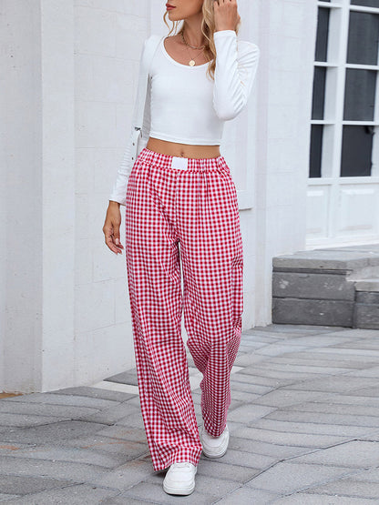Elasticated Waist High Waisted Contrast Color Plaid Pockets Split-Joint Pants Trousers