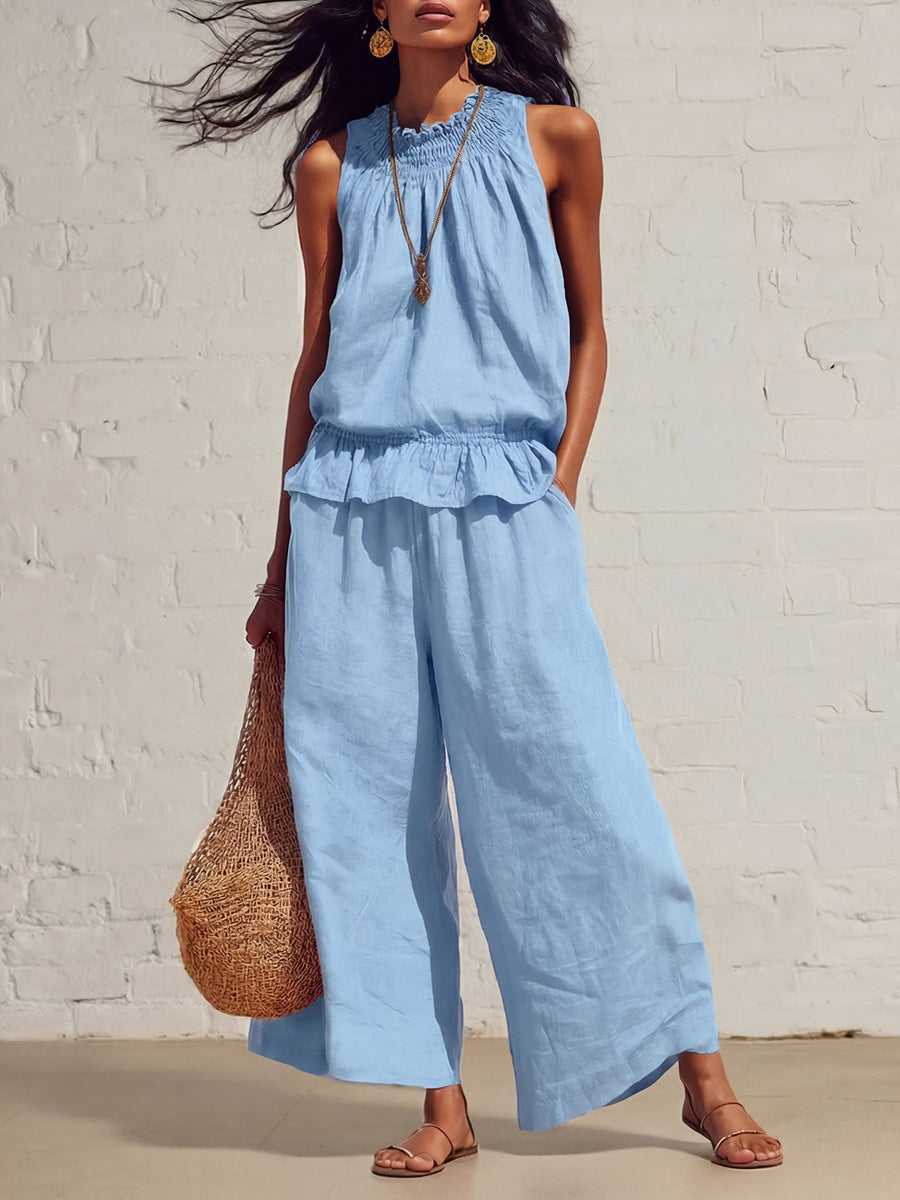 Loose Sleeveless Elasticity Pleated Pockets Solid Color Round-Neck Vest Top + Bottom Pants Two Pieces Set